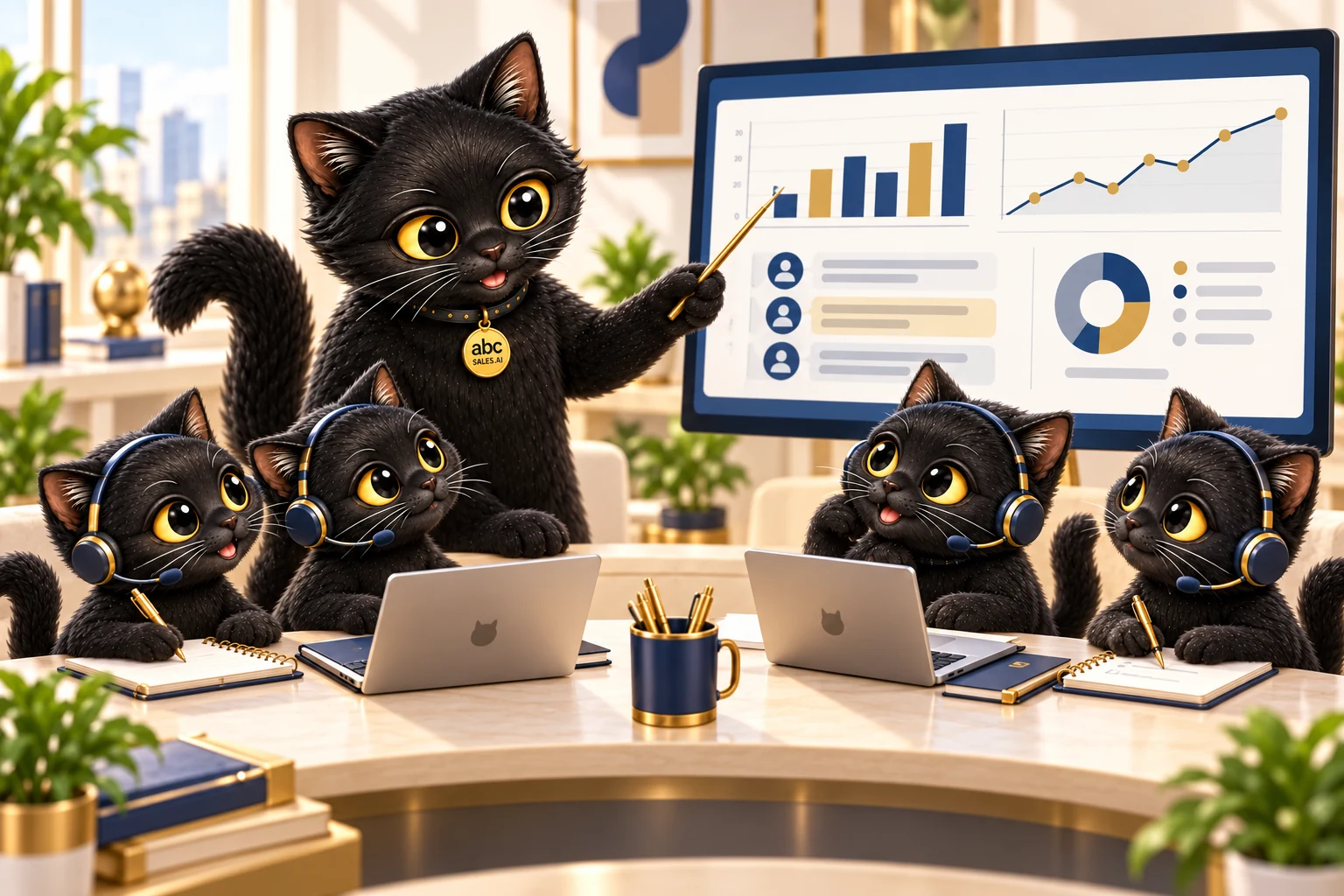 Kong Ming reviews a dashboard and coaches four smaller headset-wearing AI employee kittens.